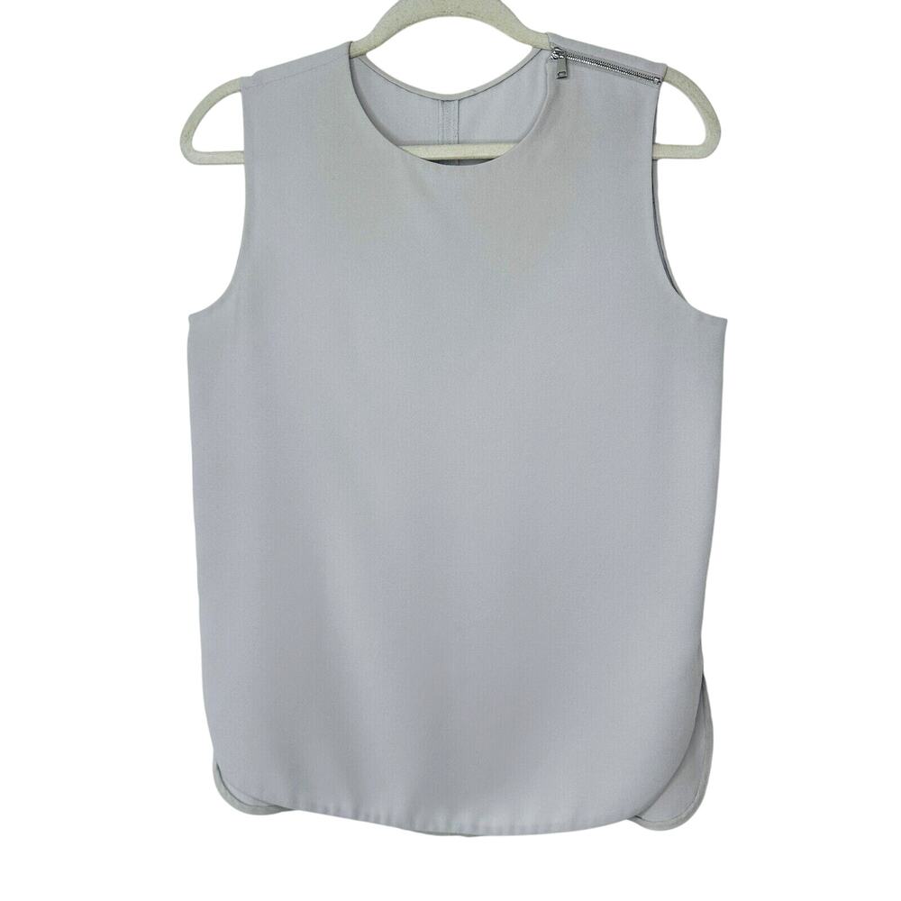 Stone Gray Sleeveless Blouse Shoulder Zip Detail Split Curve Hem Light Weight S